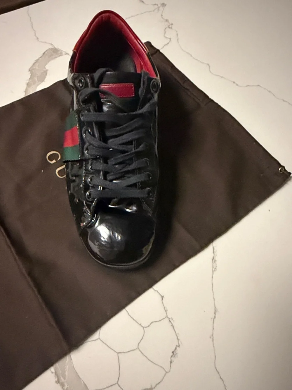 Authentic Gucci Black Patent Sneakers with Red and Green Web Stripe